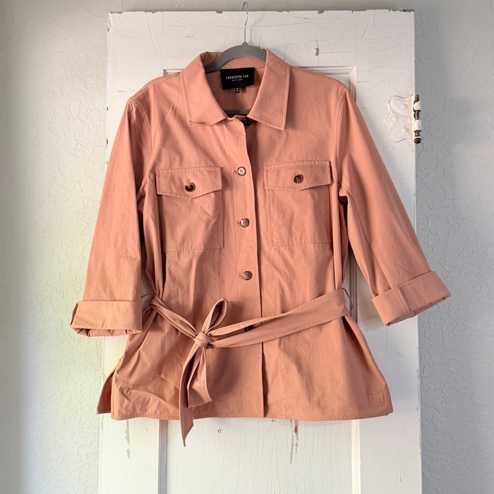 Lafayette 148 New York Belted Safari Shirt Jacket Dusty Rose Pink Size 10 Cotton